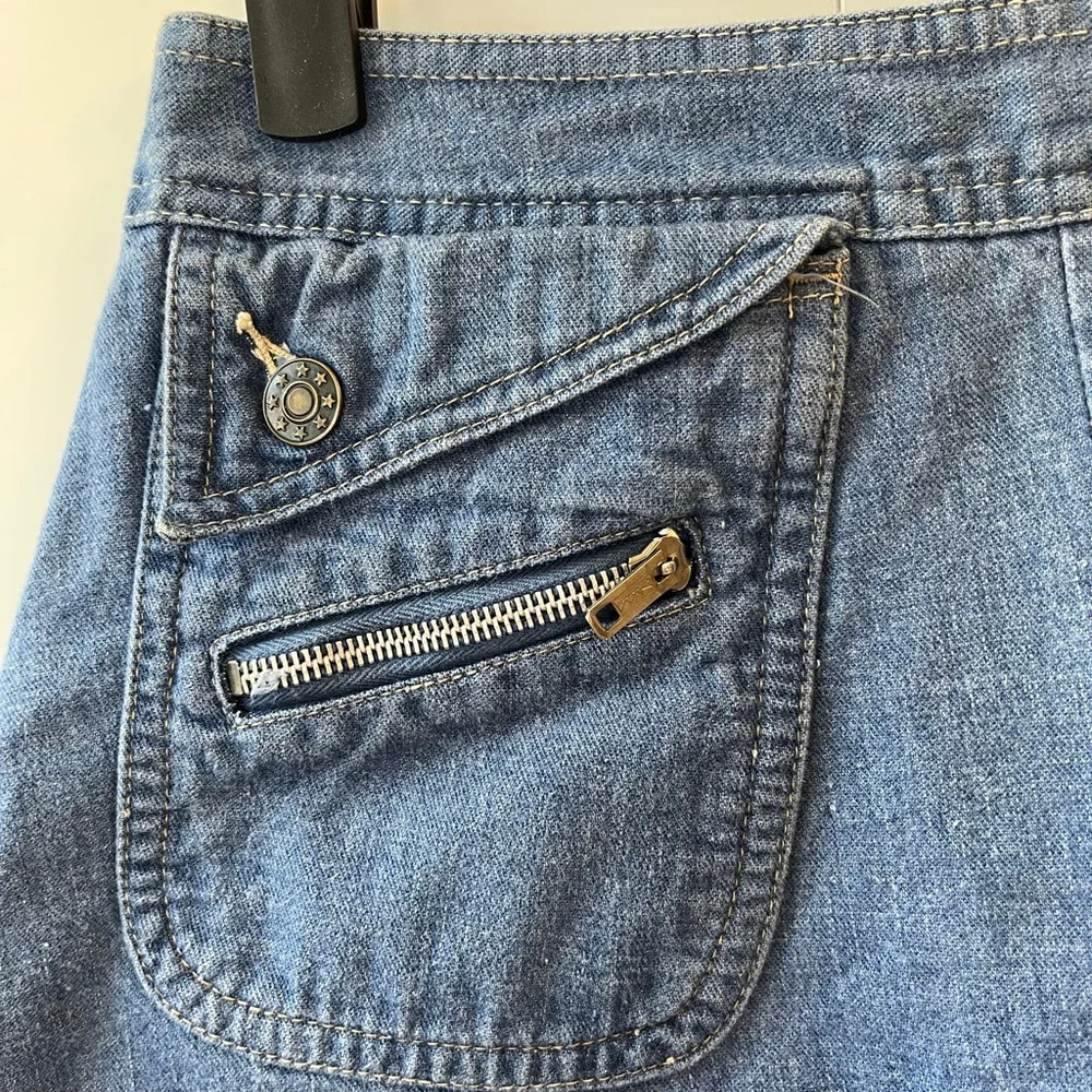 Vintage 70s A-Line Denim Midi Skirt Utility Pockets, Adjustable Waist 26-27” (S) - Picture 6 of 10